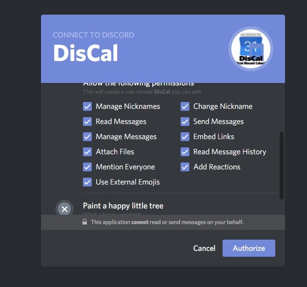 DisCal Invite Permissions Screenshot